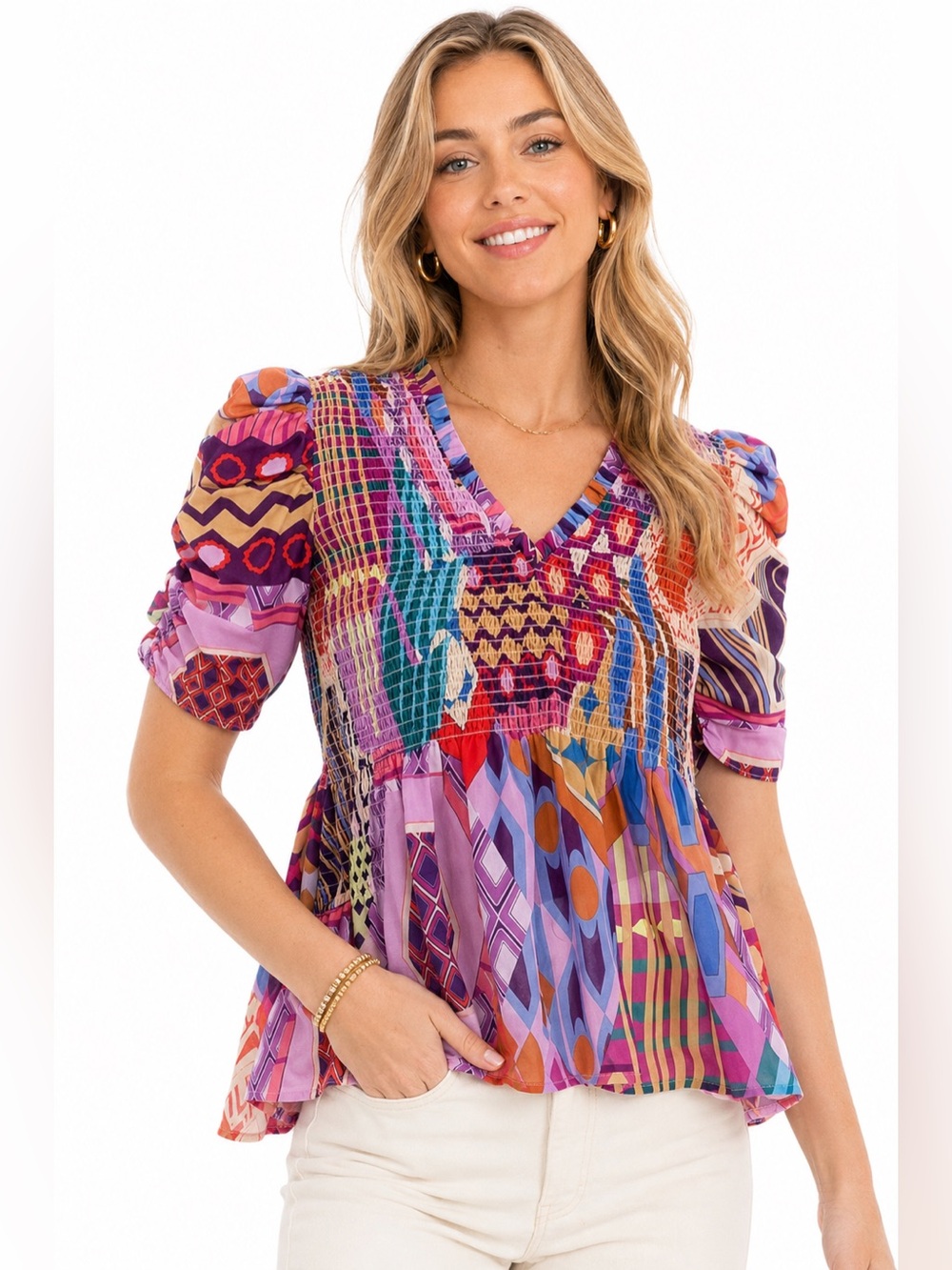 THML Smocked Geometric Print Puff Sleeve Babydoll Top Boho Chic Medium
